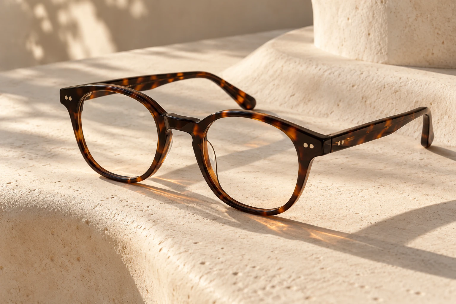 Illustrative unbranded tortoiseshell eyeglasses in warm light